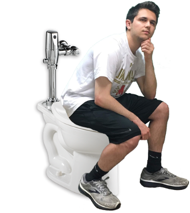 Charles Grody playfully "mock" sitting on a toilet to demonstrate the hydraze product. 