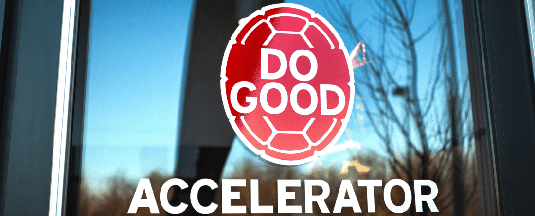 a picture of the do good accelerator window which has the shell logo on it, with the word "accelerator" printed underneath
