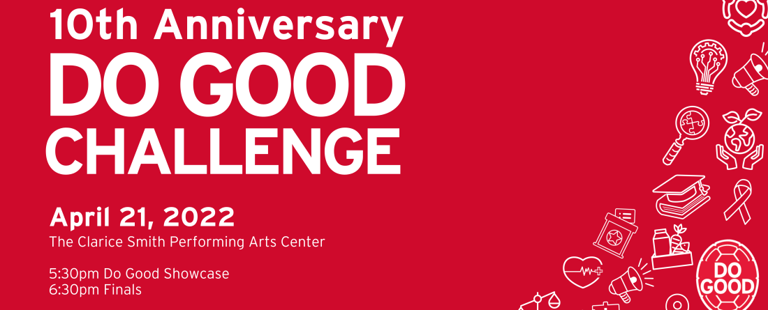 A red background with the words, 10th Anniversary Do Good Challenge written on it. 