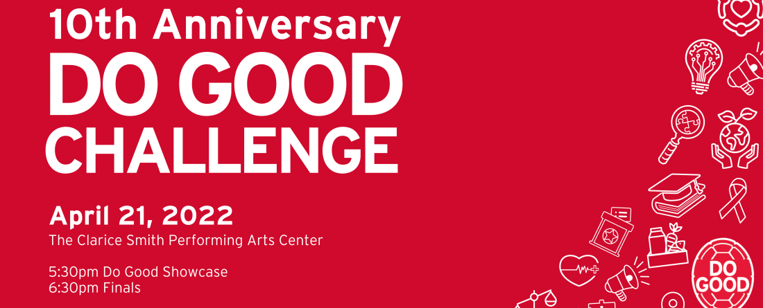 A red background with the words, 10th Anniversary Do Good Challenge written on it.