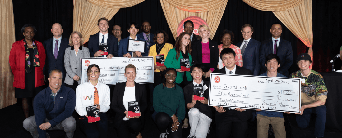 Challenge 2023 Finalist Teams gather on the stage for a photo with President Pines, Dean Orr of the School of Public Policy, Provost Rice, and both sets of judges.