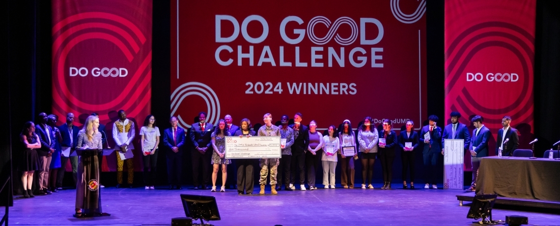 All the finalists standing on the stage at the Clarice Kay Theater for the Do Good Challenge Finals. 