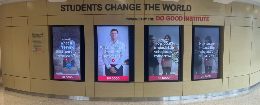 An image of the four interactive screens displayed at Thurgood Marshall Hall for the Students Change the World exhibit.