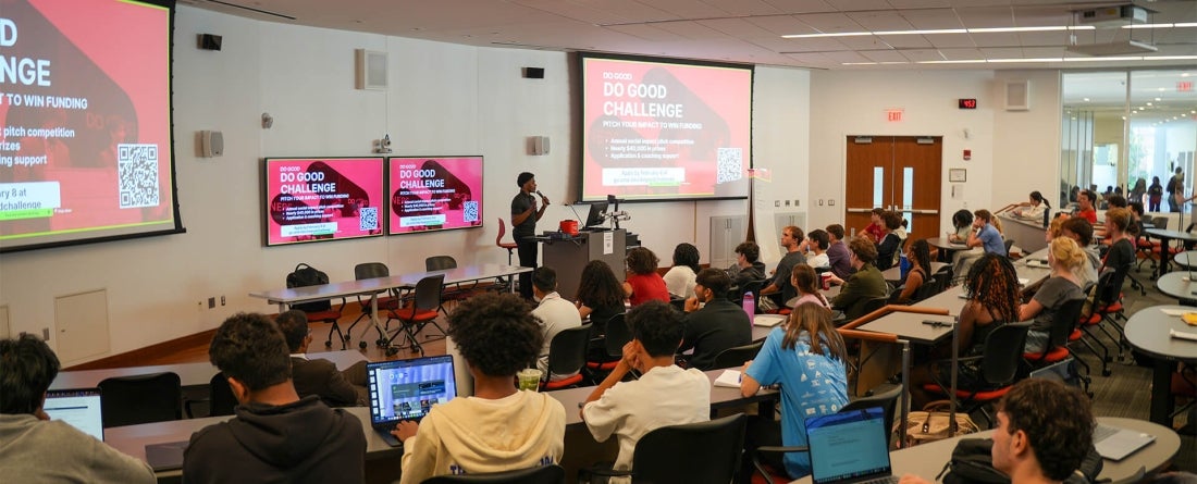 Wide angle view of a classroom with students listening to a presentation
